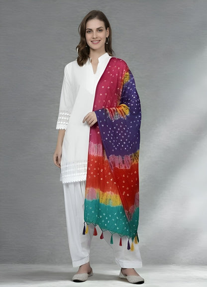 Women’s Vibrant Multi-Color Bandhani Print Silk Blend Dupatta with Tassel Border