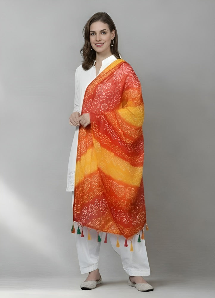 Women’s Cotton Blend Bandhani Dupatta with Leheriya Print & Tassels – Orange & Yellow Festive Ethnic Wrap