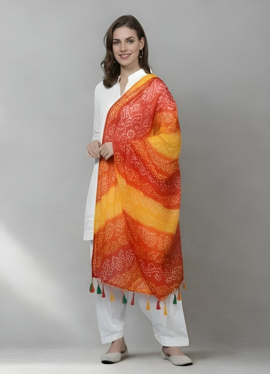Women’s Cotton Blend Bandhani Dupatta with Leheriya Print & Tassels – Orange & Yellow Festive Ethnic Wrap