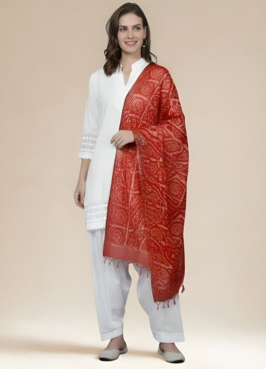 Traditional Red & Gold Bandhani Print Cotton Blend Dupatta with Tassel Fringe