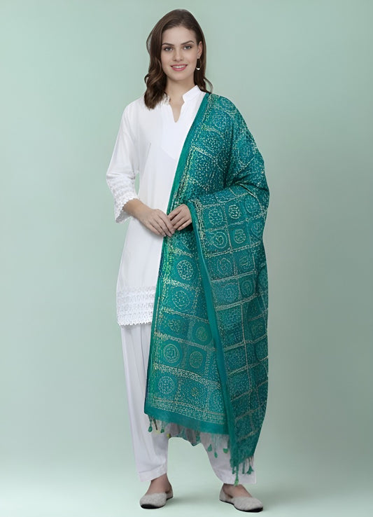Artisanal Emerald Green Bandhani Print Cotton Blend Dupatta with Tassel Fringe