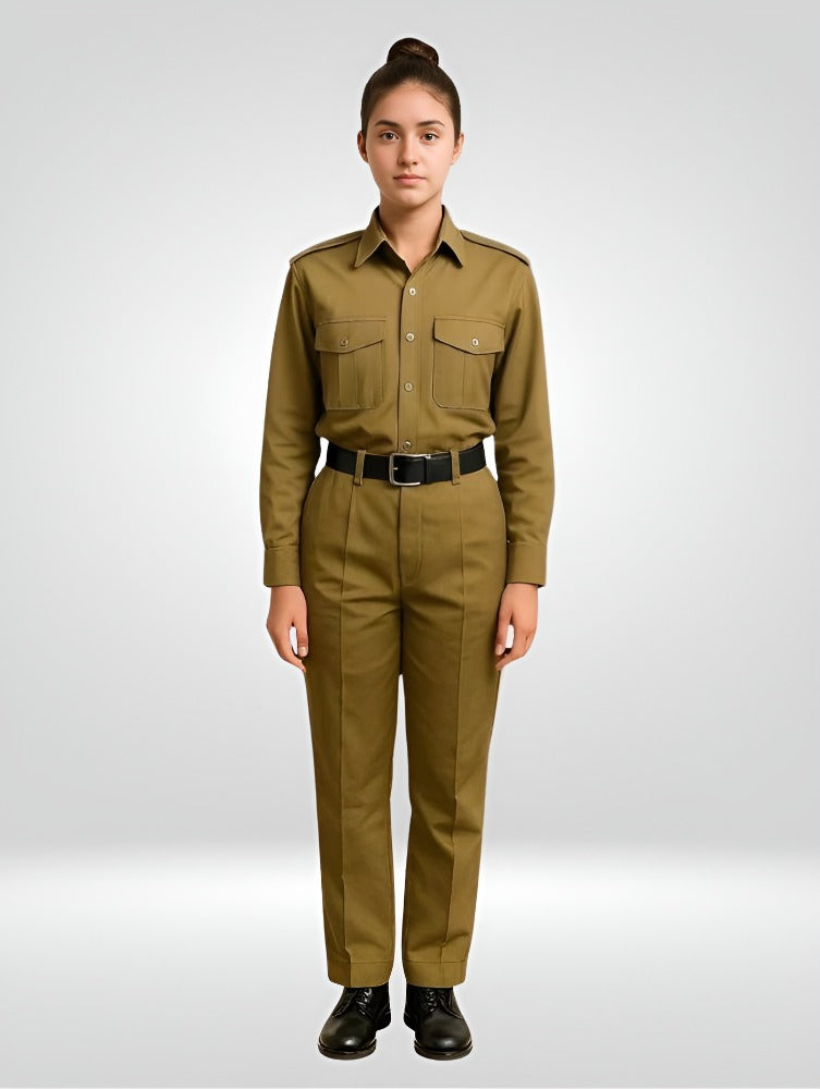 Girl's Khaki Cotton Uniform-Blend Khaki Uniform Set, Full Sleeve Shirt and Trouser Combo, Cadet Dress