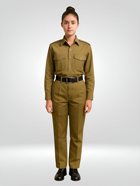 Girl's Khaki Cotton Uniform-Blend Khaki Uniform Set, Full Sleeve Shirt and Trouser Combo, Cadet Dress