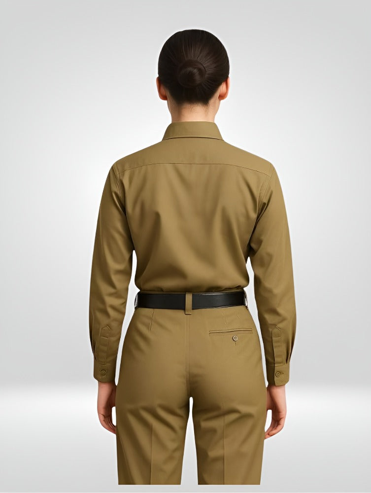 Girl's Khaki Cotton Uniform-Blend Khaki Uniform Set, Full Sleeve Shirt and Trouser Combo, Cadet Dress