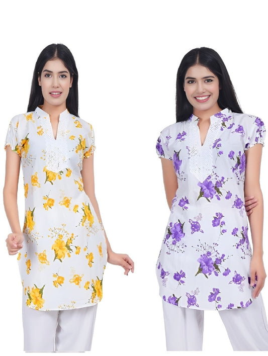 Women Yellow Purple Printed Straight Kurta Pack Of 2