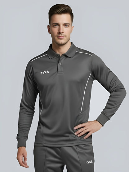 TYKA Prima Men Grey Sports Polo T-Shirt | Quick Dry Activewear with Contrast Piping