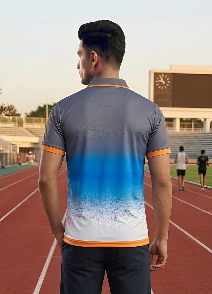 Shiv Naresh Men’s Sporty Gradient Polo T-Shirt – High-Performance Dry-Fit Activewear (Grey/Blue)
