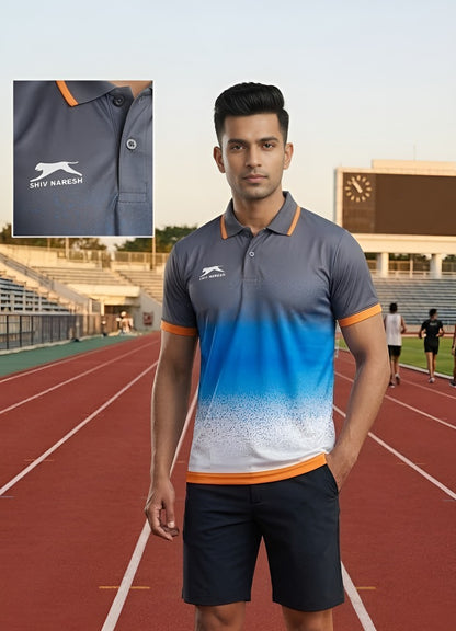 Shiv Naresh Men’s Sporty Gradient Polo T-Shirt – High-Performance Dry-Fit Activewear (Grey/Blue)
