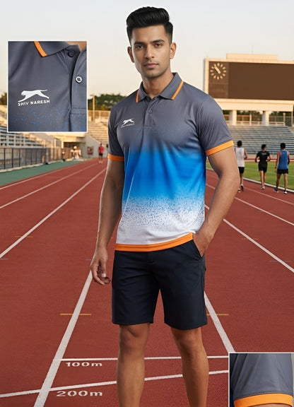 Shiv Naresh Men’s Sporty Gradient Polo T-Shirt – High-Performance Dry-Fit Activewear (Grey/Blue)
