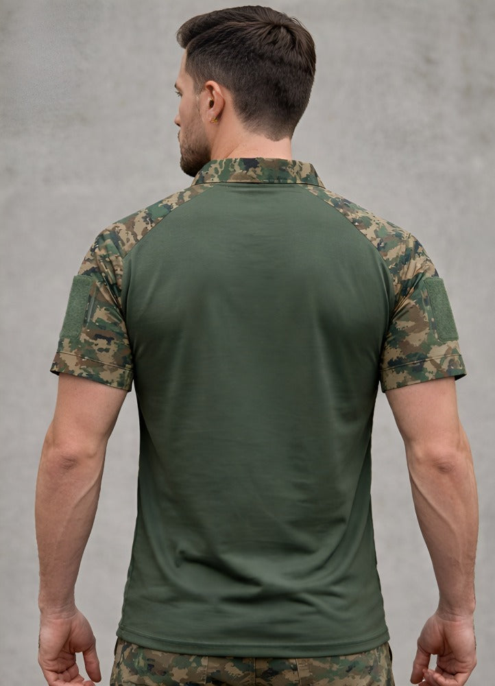 Men’s Tactical Military Half Sleeve T-Shirt | Army Green Camouflage Shoulder | Zipper Neck | Outdoor & Casual Wear