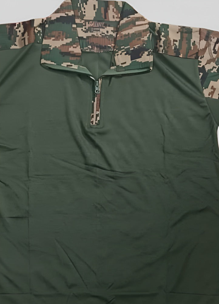 Men’s Tactical Military Half Sleeve T-Shirt | Army Green Camouflage Shoulder | Zipper Neck | Outdoor & Casual Wear