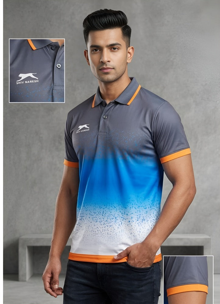 Shiv Naresh Men’s Sporty Gradient Polo T-Shirt – High-Performance Dry-Fit Activewear (Grey/Blue)
