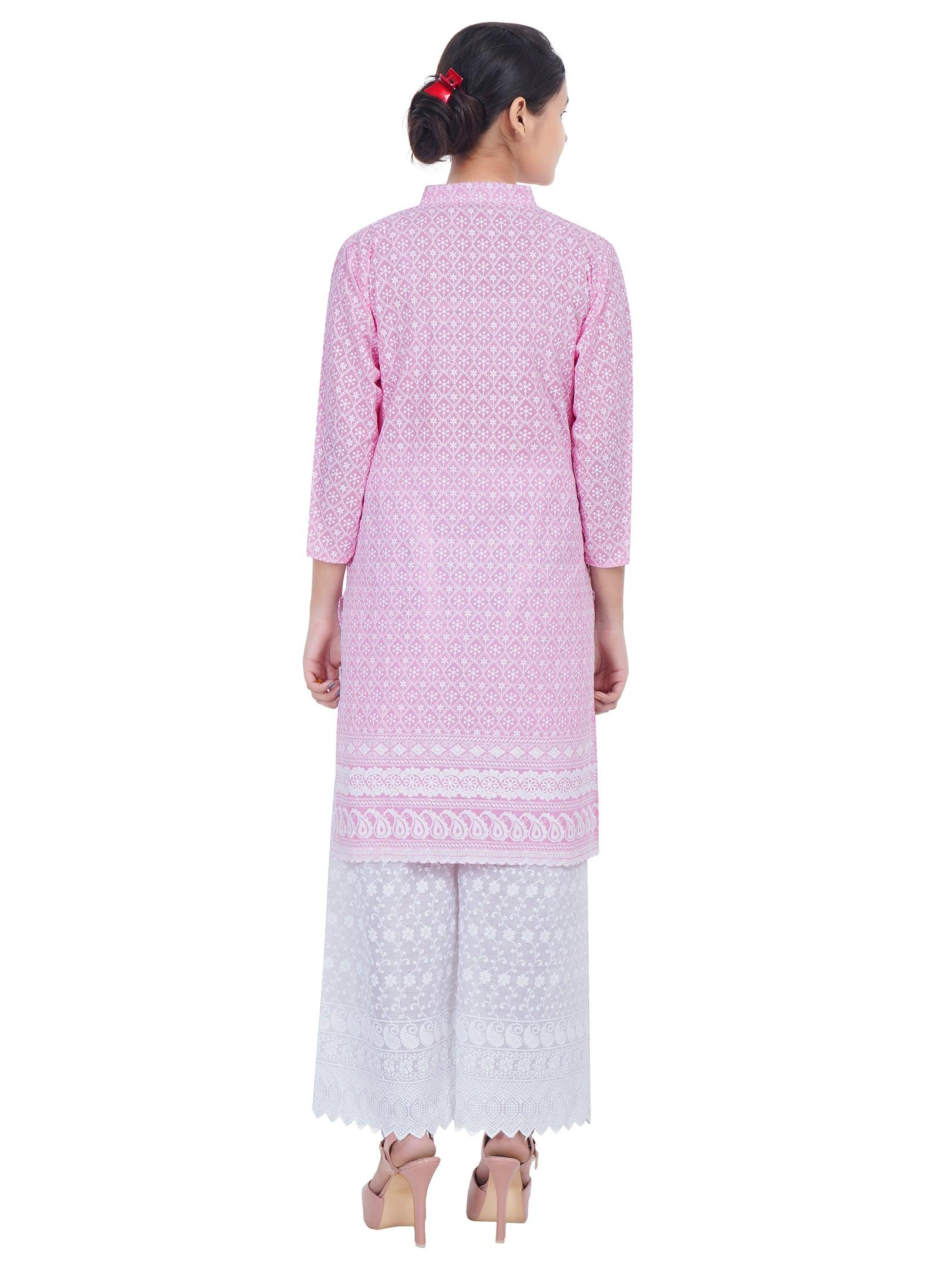 Women Pink Chicken Embroidered Straight Kurta
