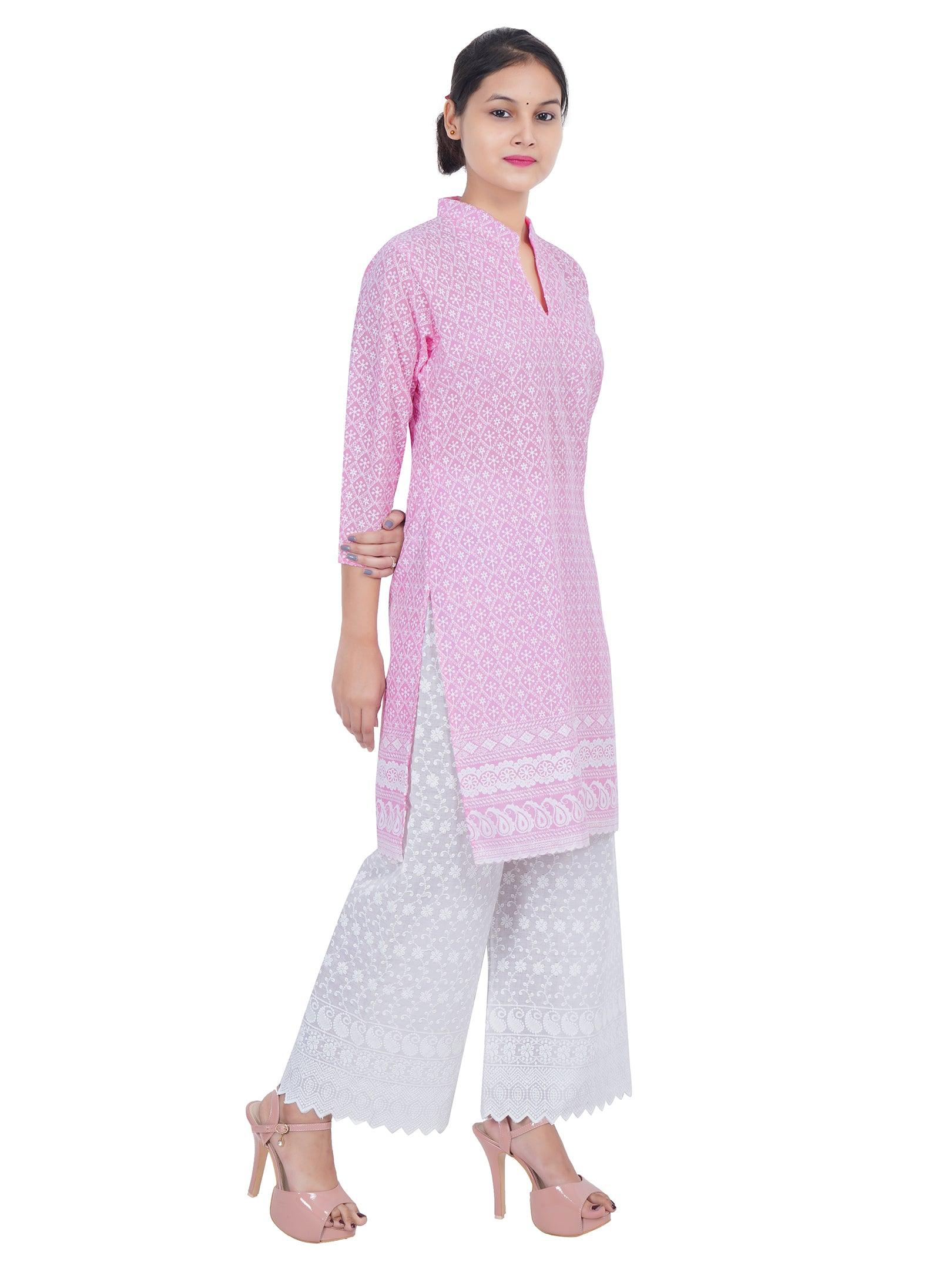 Women Pink Chicken Embroidered Straight Kurta