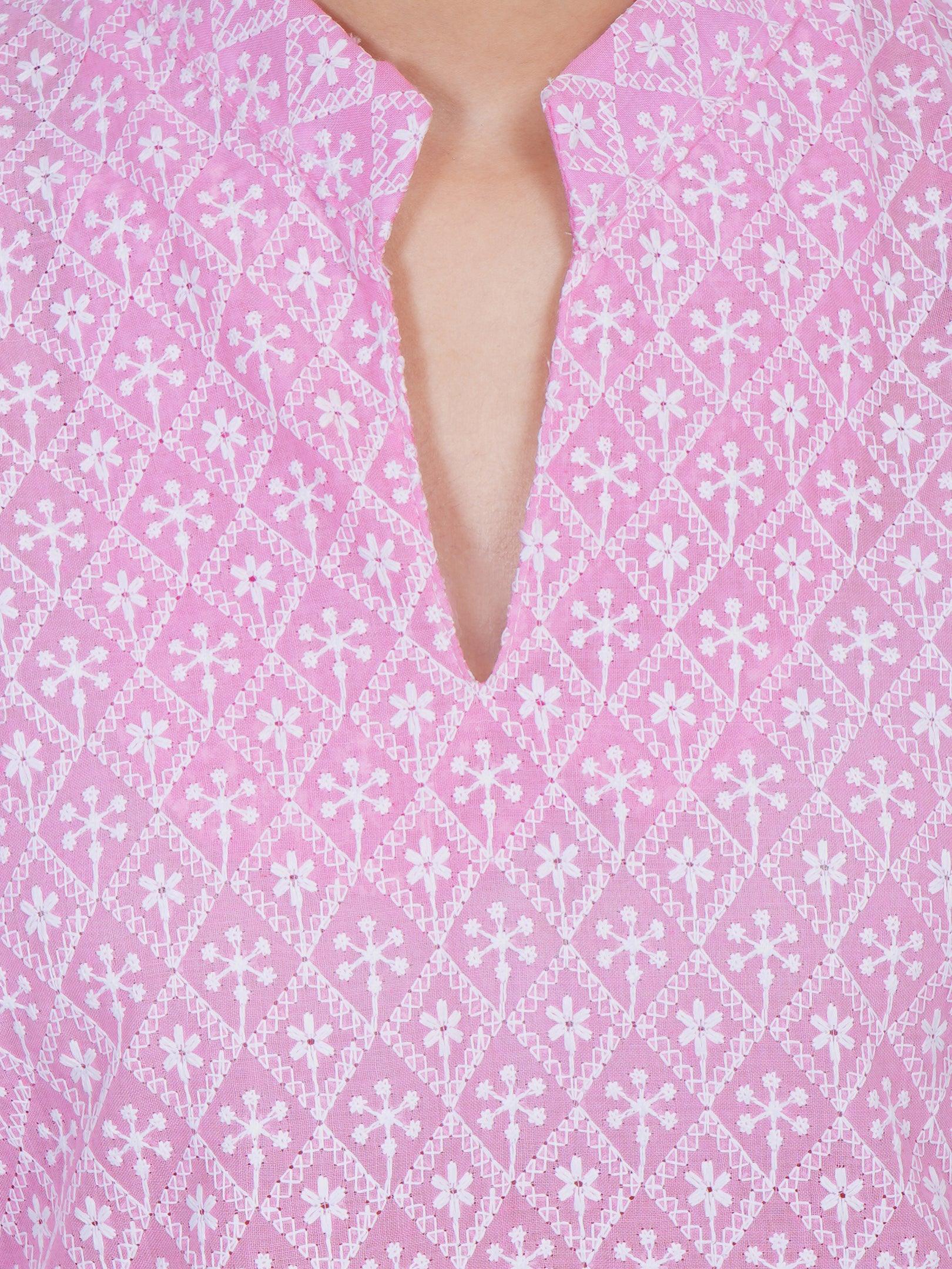 Women Pink Chicken Embroidered Straight Kurta