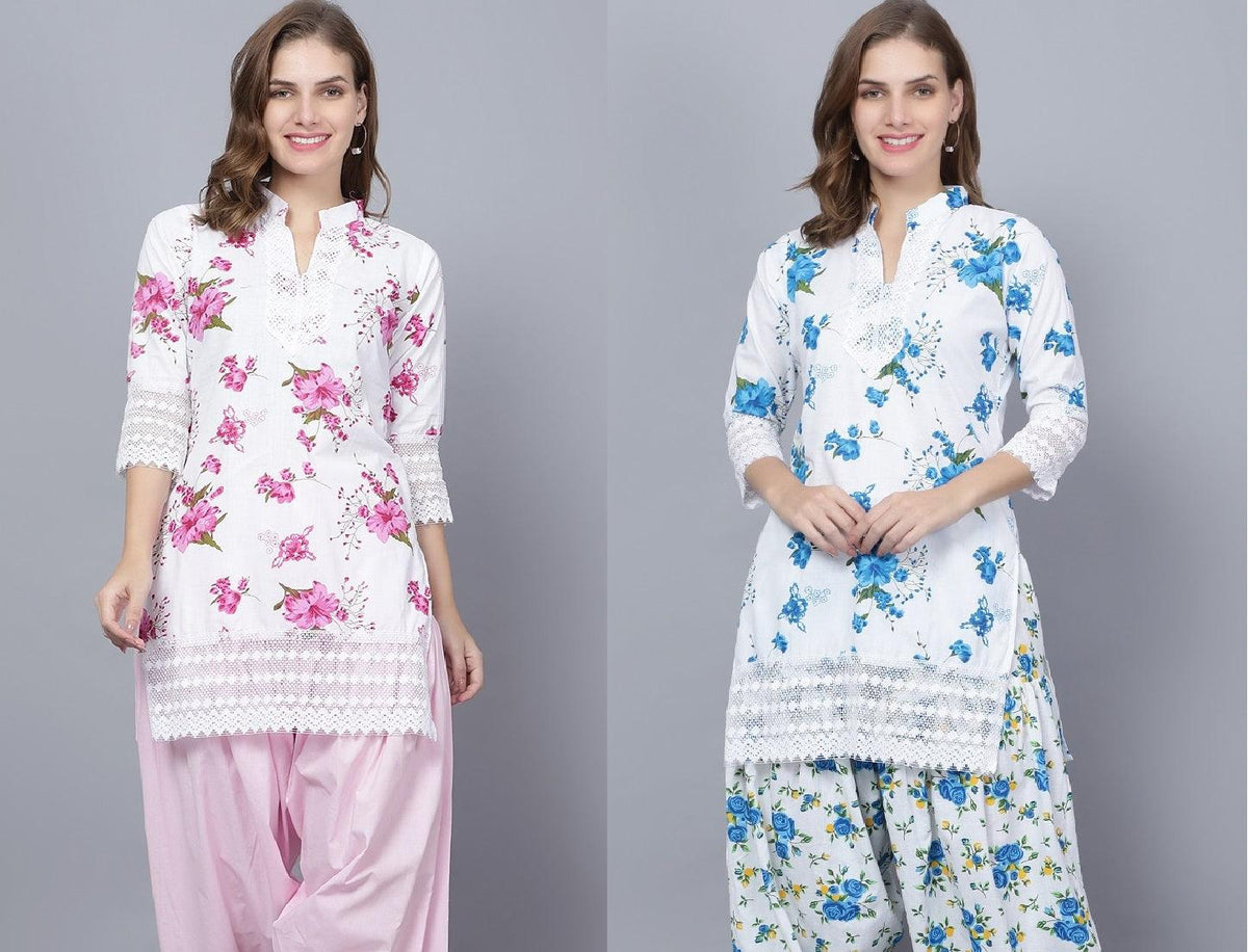 Pack of 2 Set Women Floral Print Cotton Blend Straight Kurta (Pink, Blue) XXXL