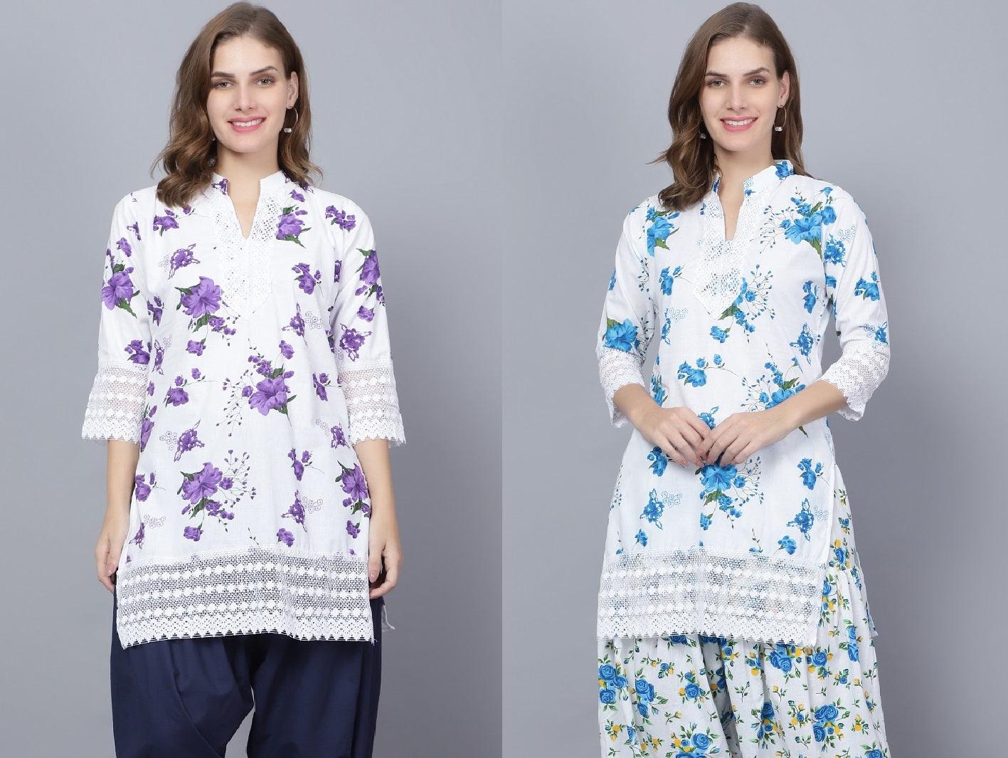 Pack of 2 Women Floral Print Cotton Blend Straight Kurta (Purple, Blue) XXXL