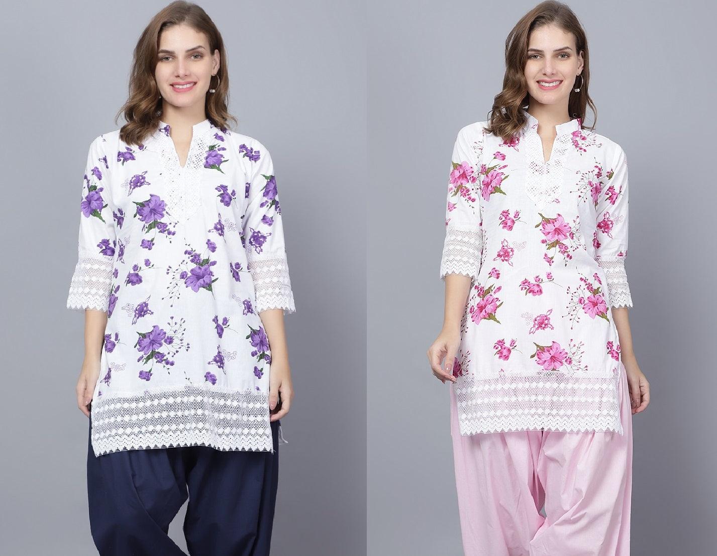 Pack of 2 Women Floral Print Cotton Blend Straight Kurta (Purple, Pink) XXXL