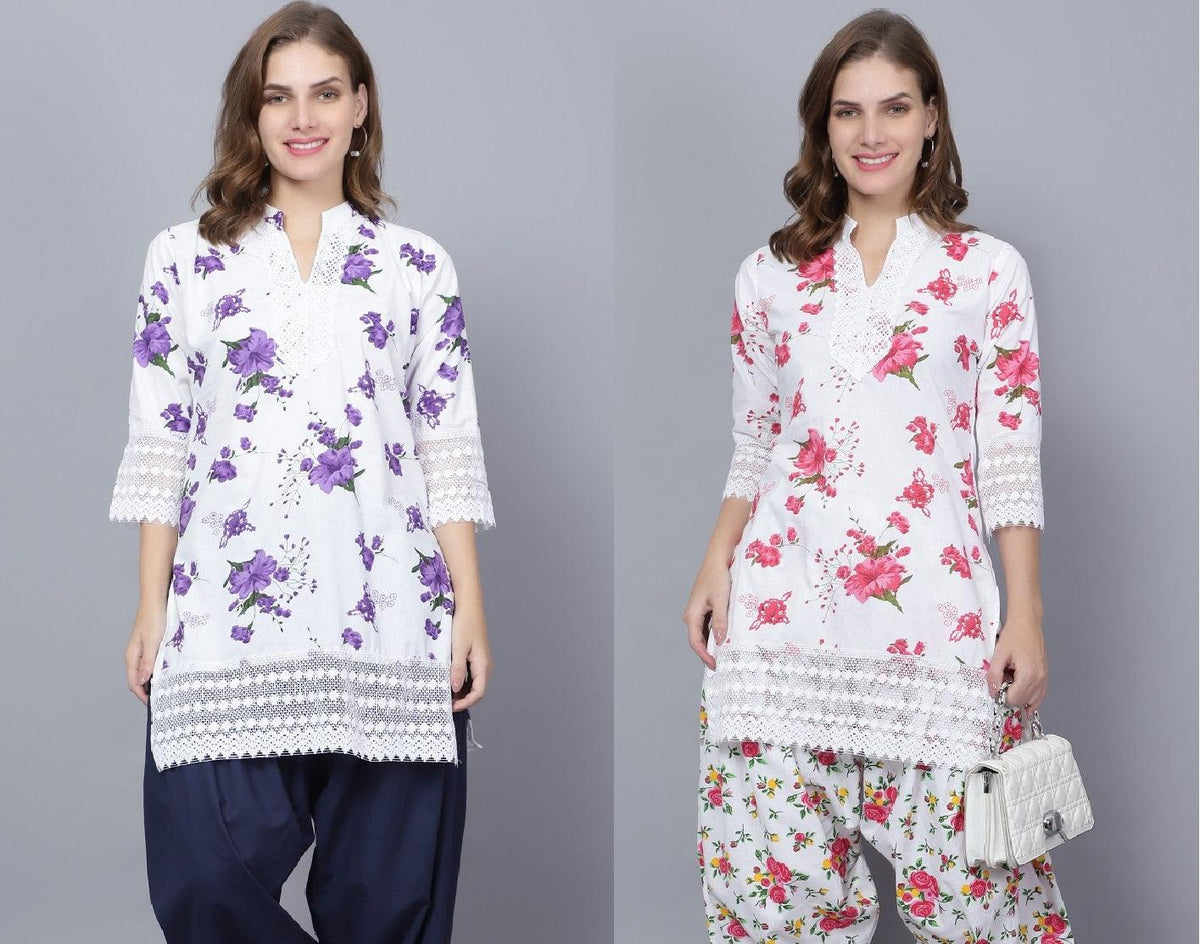 Pack of 2 Set Women Floral Print Cotton Blend Straight Kurta (Purple, Red) XXXL