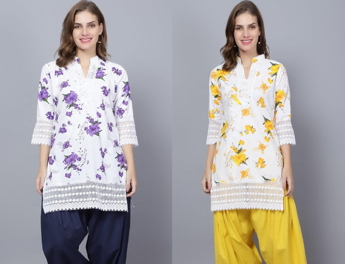 Pack of 2 Set Women Floral Print Cotton Blend Straight Kurta (Purple, Yellow) XXXL