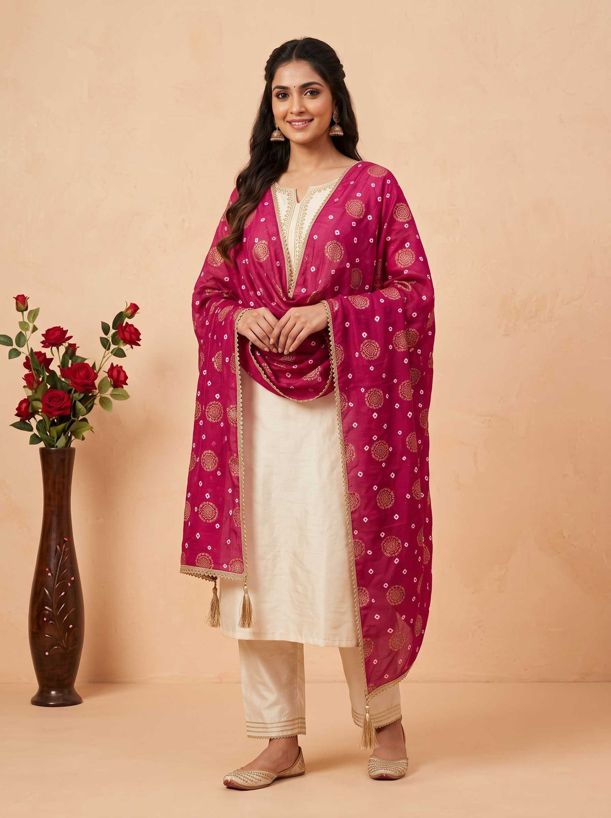 Traditional Bandhani Dupatta with Golden Zari Weaving & Lace Border