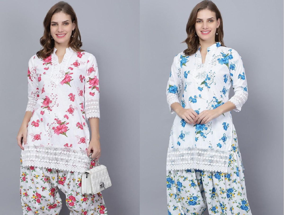 Pack of 2 Women Floral Print Cotton Blend Straight Kurta (Red, Blue) XXXL
