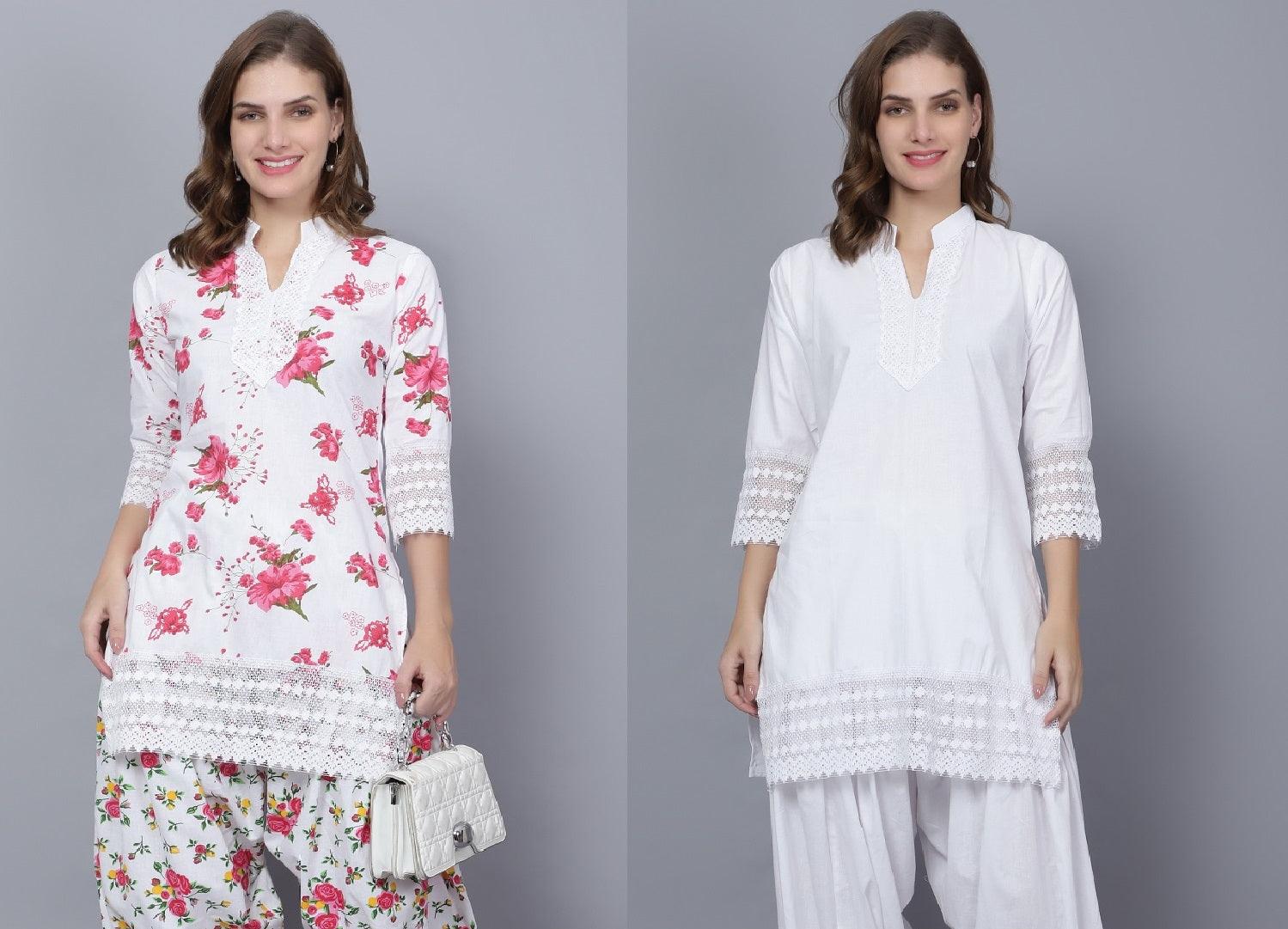 Pack of 2 Women Floral Print Cotton Blend Straight Kurta (Red, White) XXXL
