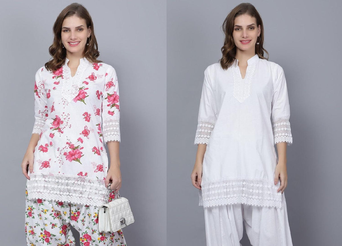 Pack of 2 Women Floral Print Cotton Blend Straight Kurta (Red, White) XXXL