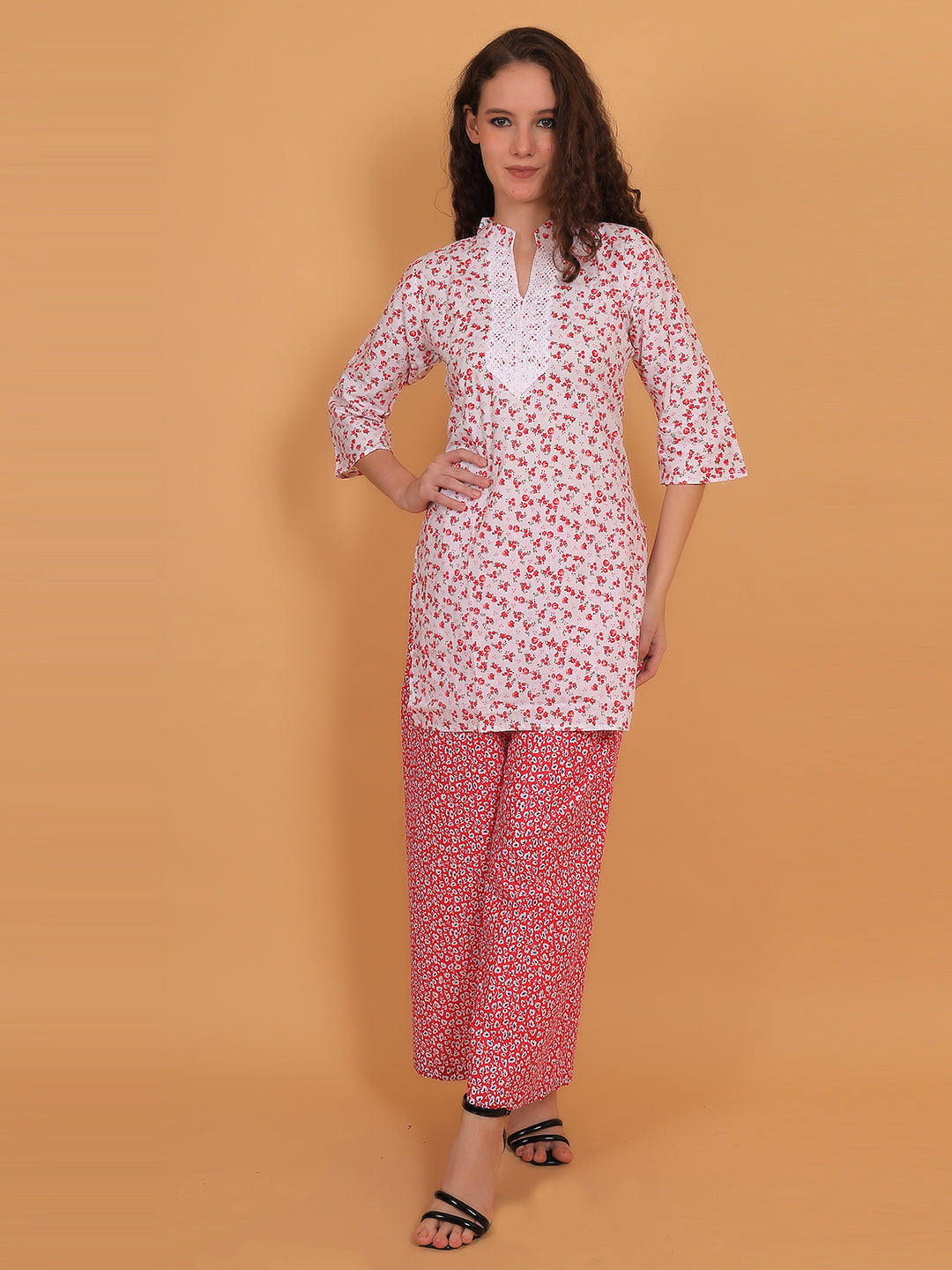 Trendzmy Women White & Red Floral Printed Cotton Kurta with Red Printed Palazzo & Side Pocket