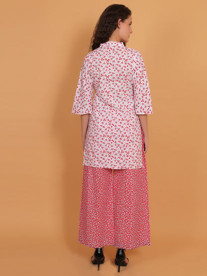 Trendzmy Women White & Red Floral Printed Cotton Kurta with Red Printed Palazzo & Side Pocket