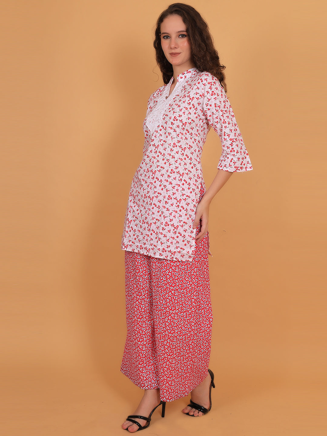 Trendzmy Women White & Red Floral Printed Cotton Kurta with Red Printed Palazzo & Side Pocket