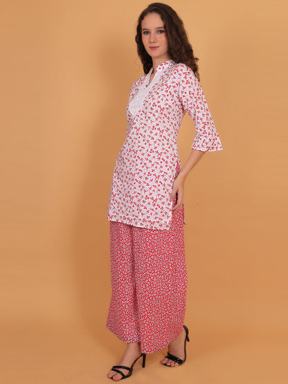 Trendzmy Women White & Red Floral Printed Cotton Kurta with Red Printed Palazzo & Side Pocket