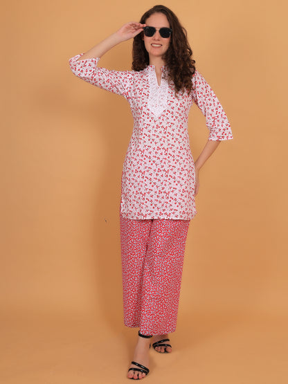 Trendzmy Women White & Red Floral Printed Cotton Kurta with Red Printed Palazzo & Side Pocket