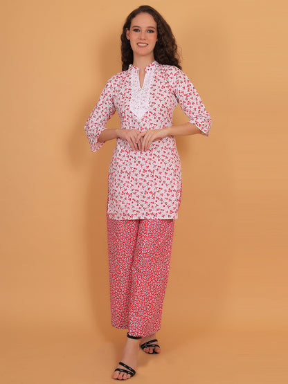 Trendzmy Women White & Red Floral Printed Cotton Kurta with Red Printed Palazzo & Side Pocket