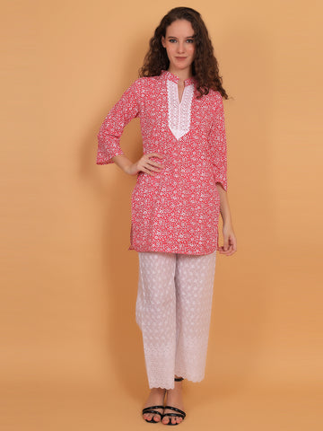Women Red Floral Printed Cotton Kurta with White Chikankari Embroidered Palazzo