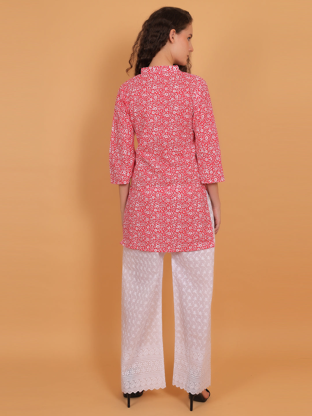 Women Red Floral Printed Cotton Kurta with White Chikankari Embroidered Palazzo