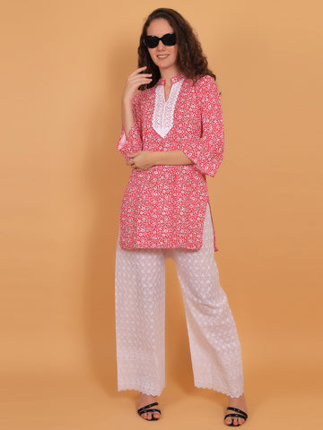 Women Red Floral Printed Cotton Kurta with White Chikankari Embroidered Palazzo