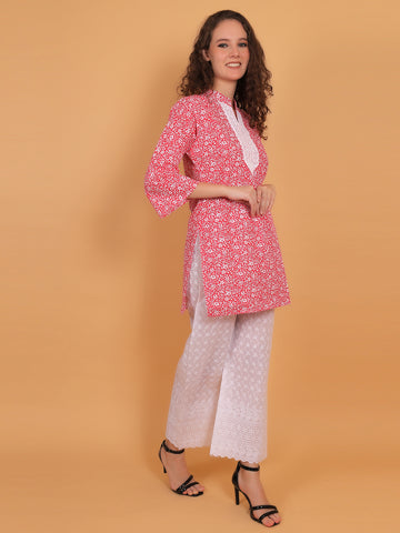 Women Red Floral Printed Cotton Kurta with White Chikankari Embroidered Palazzo