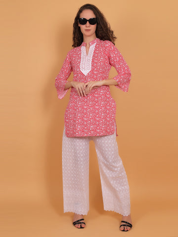 Women Red Floral Printed Cotton Kurta with White Chikankari Embroidered Palazzo