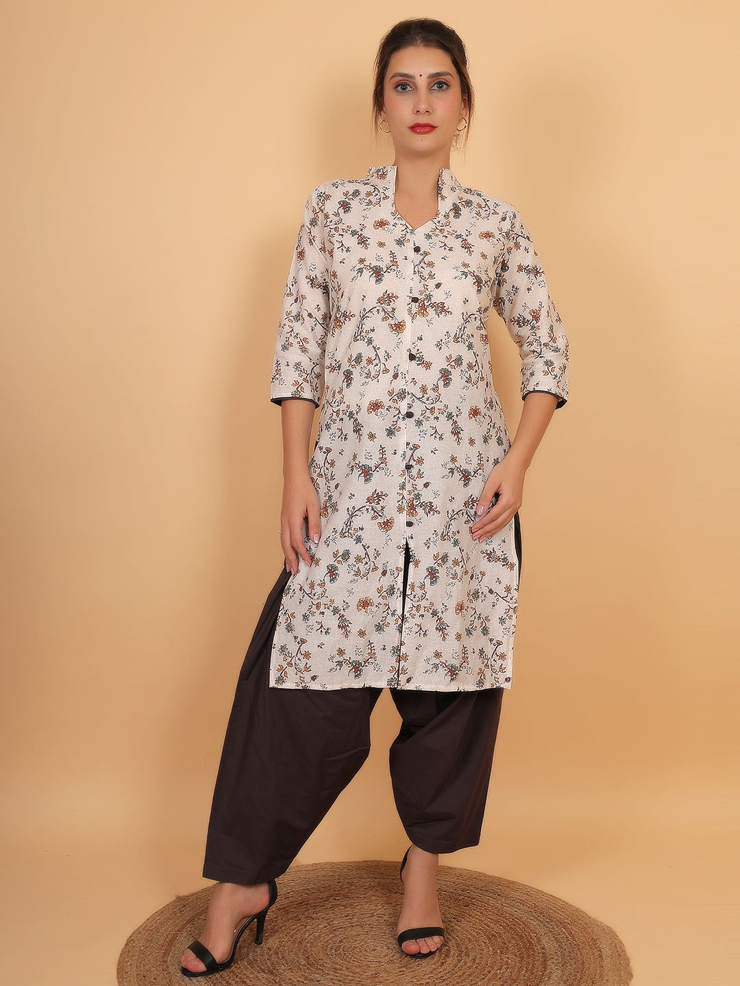 Women Brown Floral Printed Cotton Kurta with Brown Salwar