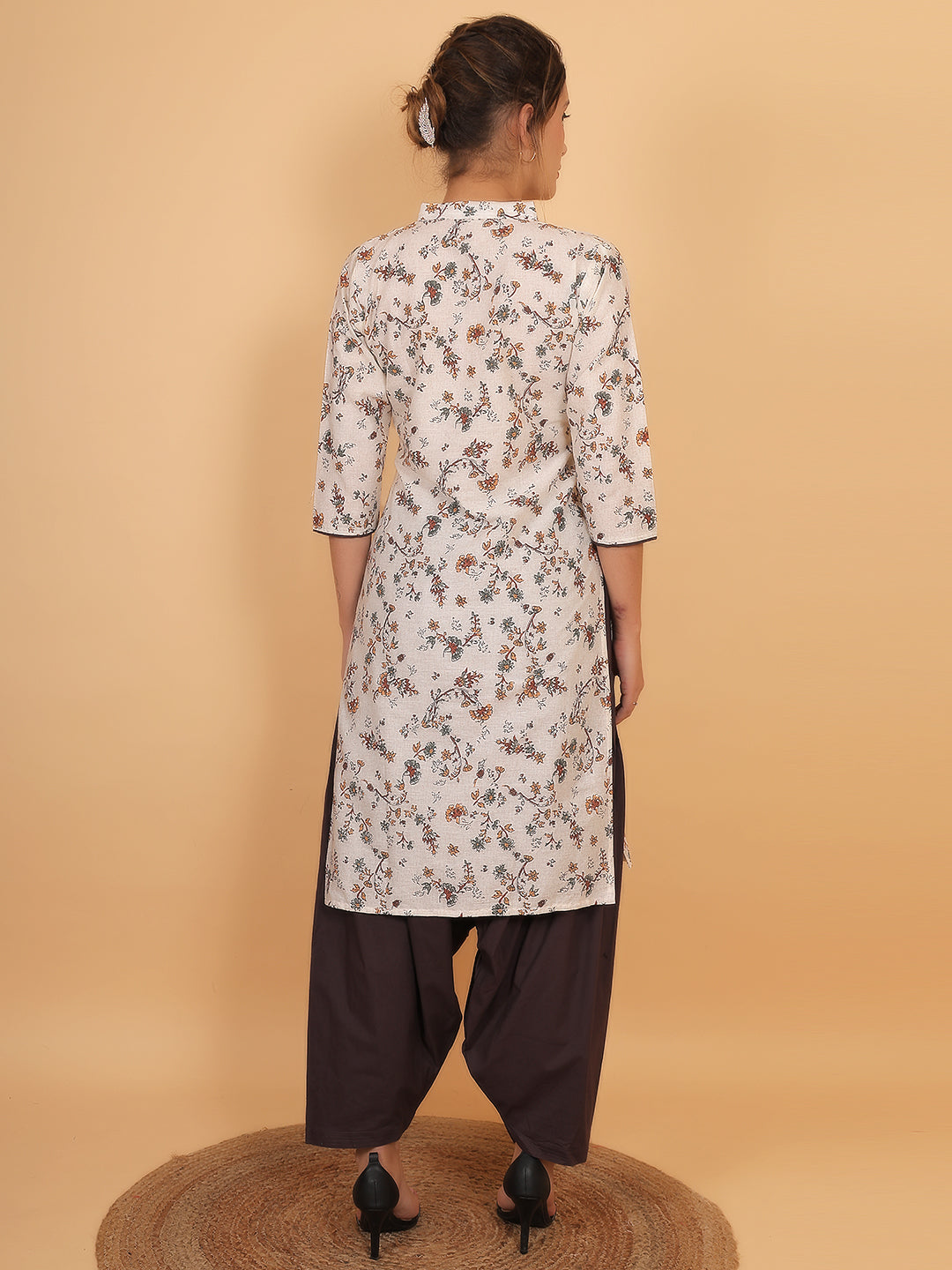 Women Brown Floral Printed Cotton Kurta with Brown Salwar