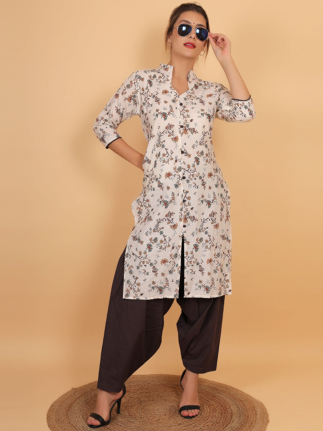 Women Brown Floral Printed Cotton Kurta with Brown Salwar