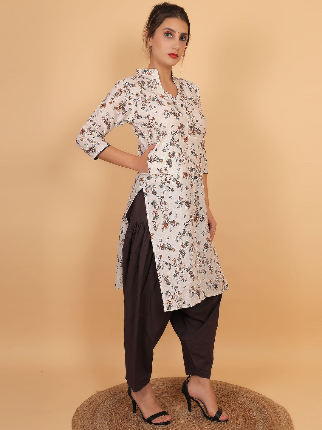 Women Brown Floral Printed Cotton Kurta with Brown Salwar