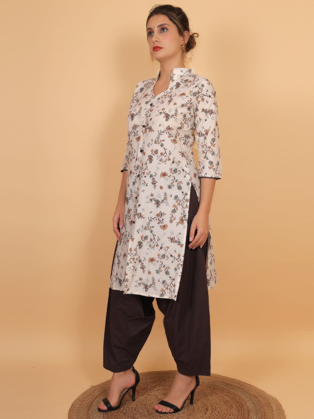 Women Brown Floral Printed Cotton Kurta with Brown Salwar