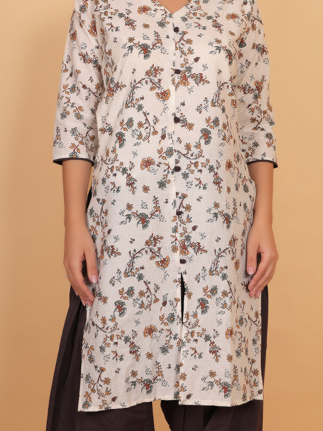 Women Brown Floral Printed Cotton Kurta with Brown Salwar