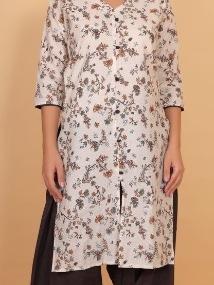 Trendzmy Women Brown Floral Printed Cotton Kurta with Brown Salwar