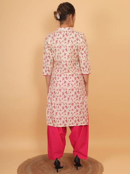 Trendzmy Women Cream Floral Printed Cotton Kurta with Pink Salwar