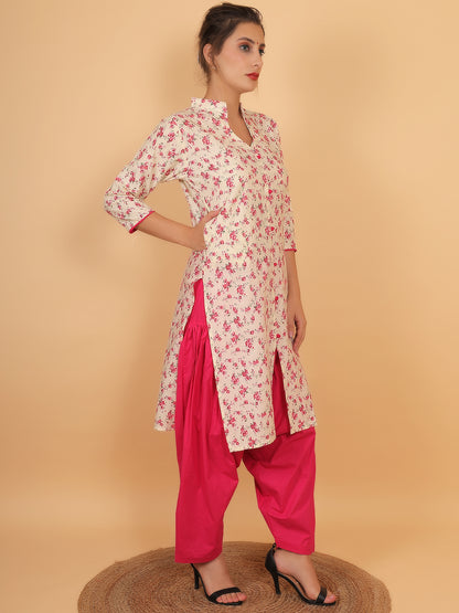 Trendzmy Women Cream Floral Printed Cotton Kurta with Pink Salwar