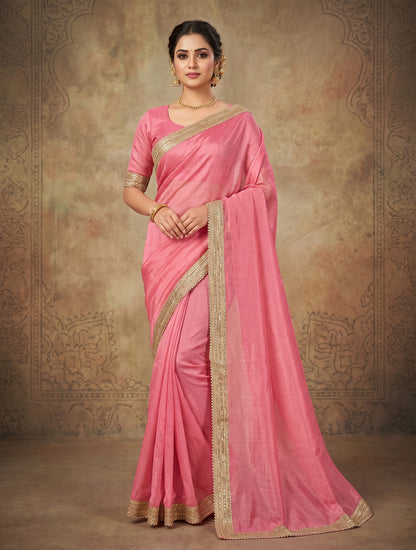 Pink Plain Saree with Golden Lace Border | Elegant Party Wear Saree for Women
