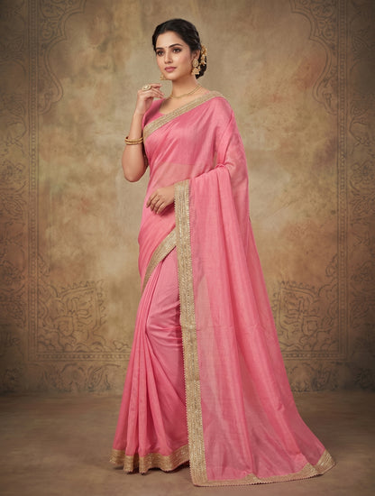 Pink Plain Saree with Golden Lace Border | Elegant Party Wear Saree for Women